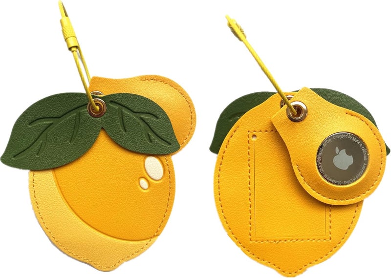 ZOUITY Cute Leather Luggage Tag Holder with Airtag Case Set,Hidden Compartment for AirTag Travel Suitcase Tracking Case with Stainless Steel Loop,Name ID Label(Lemon) - Image 1